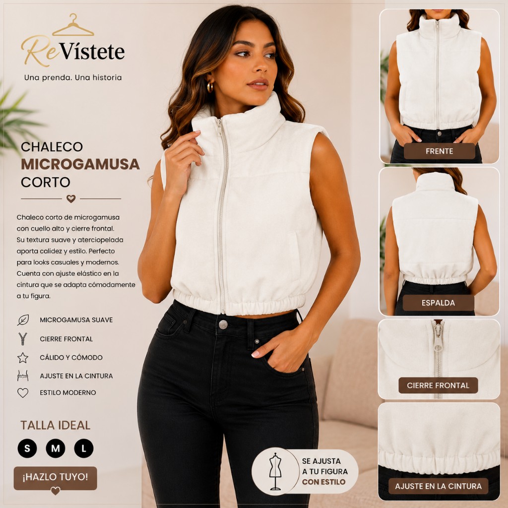 A53. Chaleco blanco microgamusa corto colombiano, Talla ideal para S, M y L