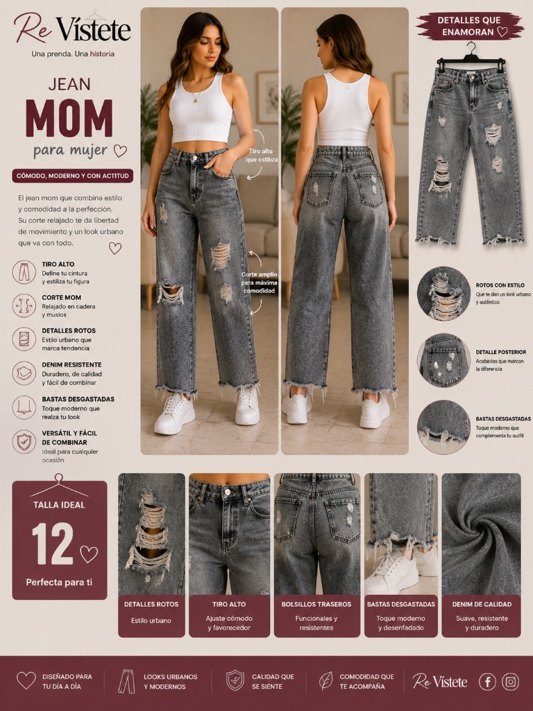 A28. Pantalón jean mom gris colombiano, Talla ideal 13