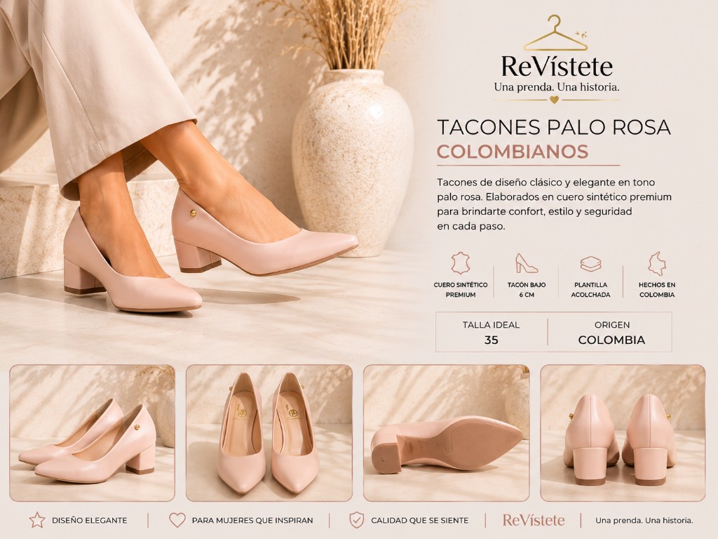 A75. Tacones palo rosa colombianos, Talla ideal 35