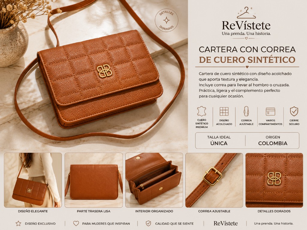 A3. Cartera cafe con correa y detalles metálicos dorados,A2.