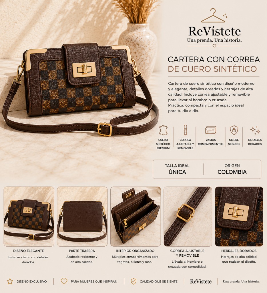 A4. Cartera café oscuro con correa, A3.