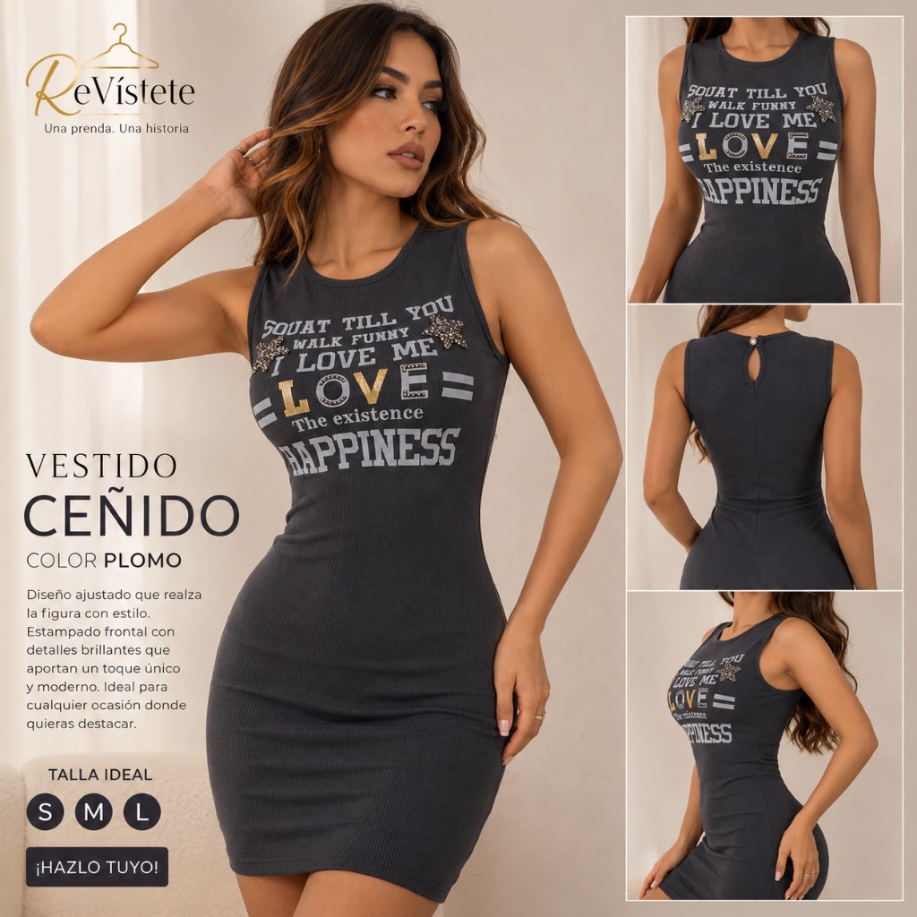 A58. Vestido ceñido plomo colombiano, Ideal ara talla S, M y L