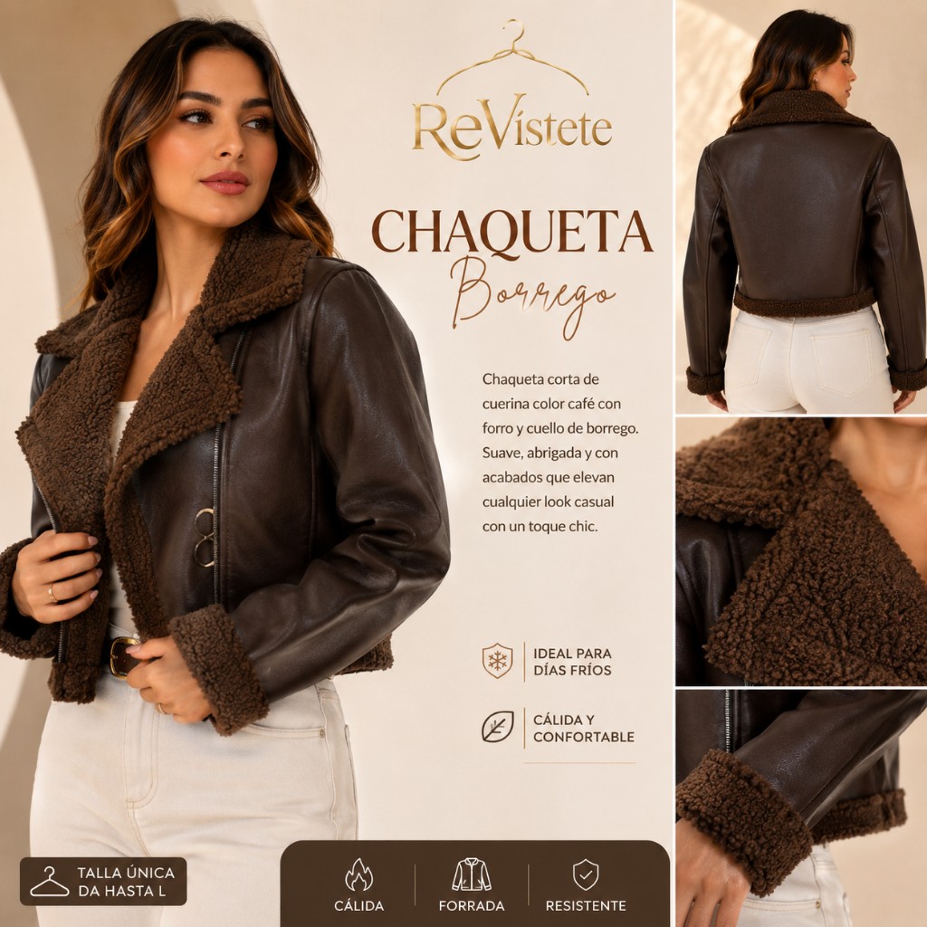 A73. Chaqueta de cuerina colombiana con forro de borrego, Talla ideal para S y M