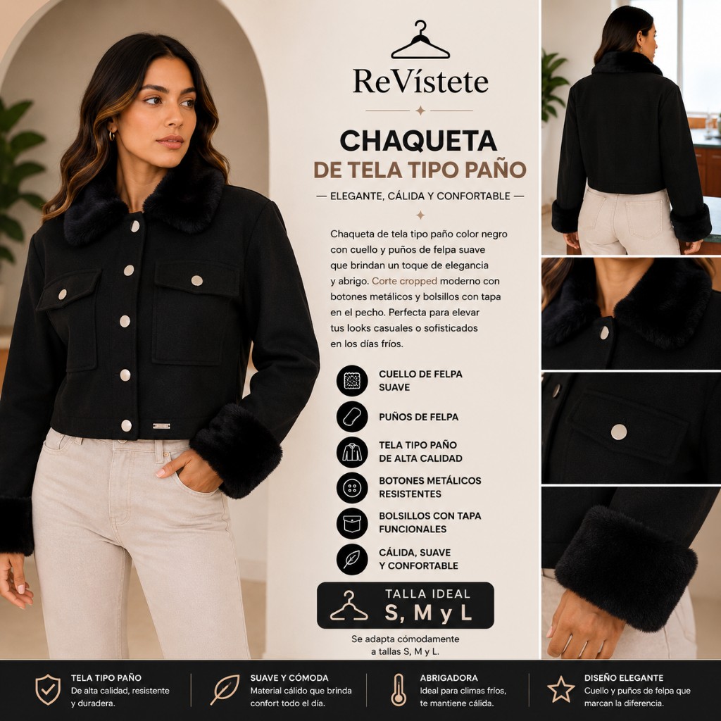 A61. Chaqueta negra de paño con felpa en el cuello y puños colombiana, Talla ideal S, M y L