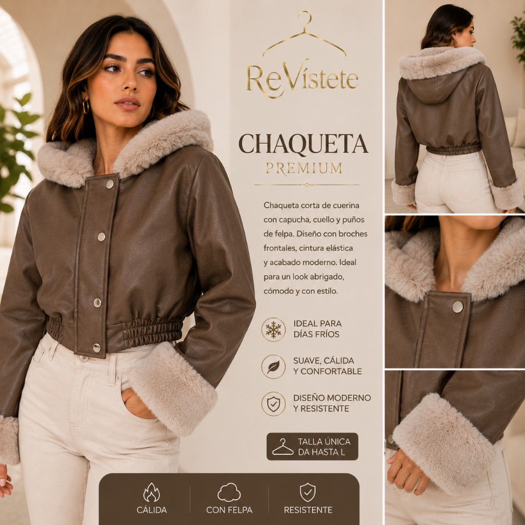 A71. Chaqueta colombiana de cuerina café con capucha, Talla única ideal para S, M y L
