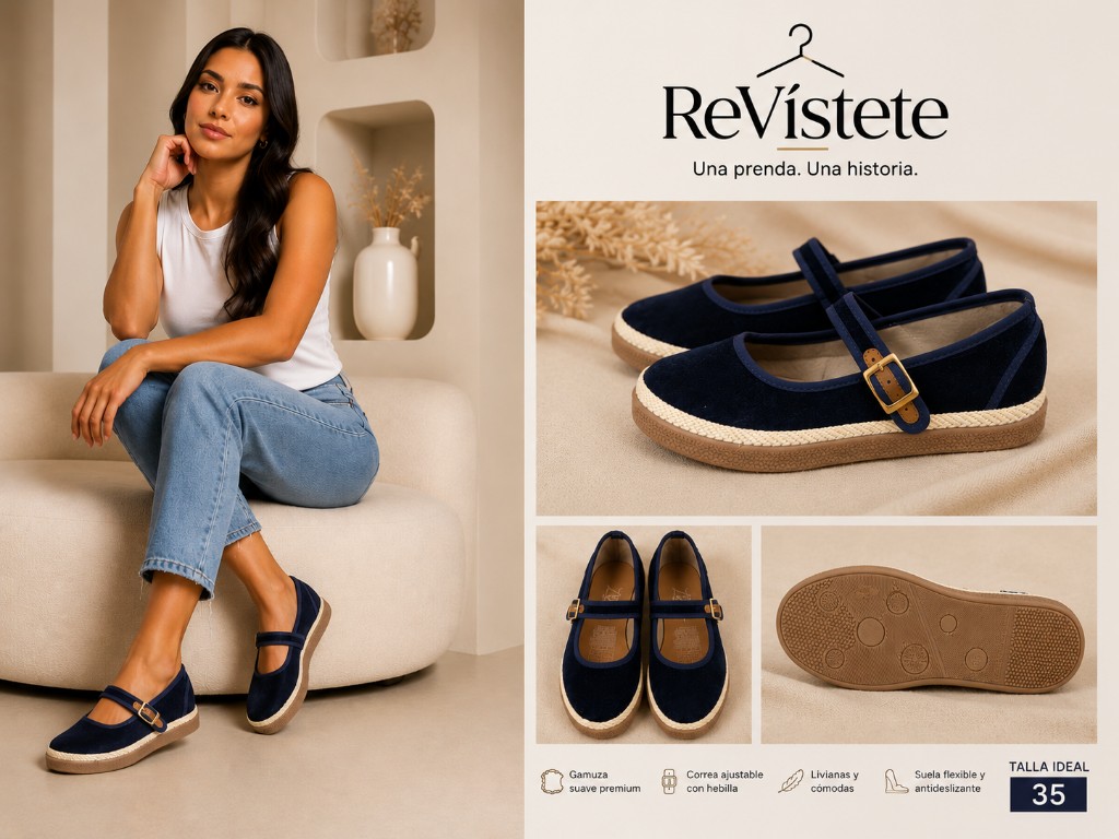 A19. Zapatos de muñeca de gamuza azul marino, Talla 35