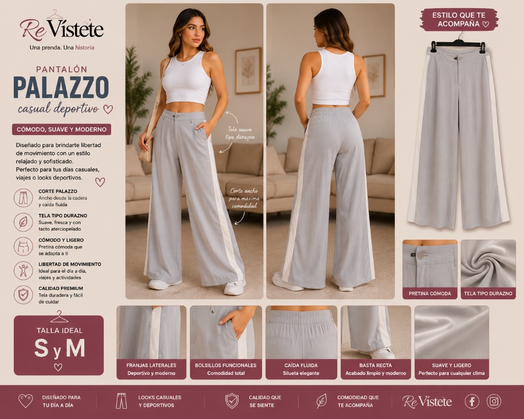 A29. Pantalón palazzo gris colombiano, Talla ideal M