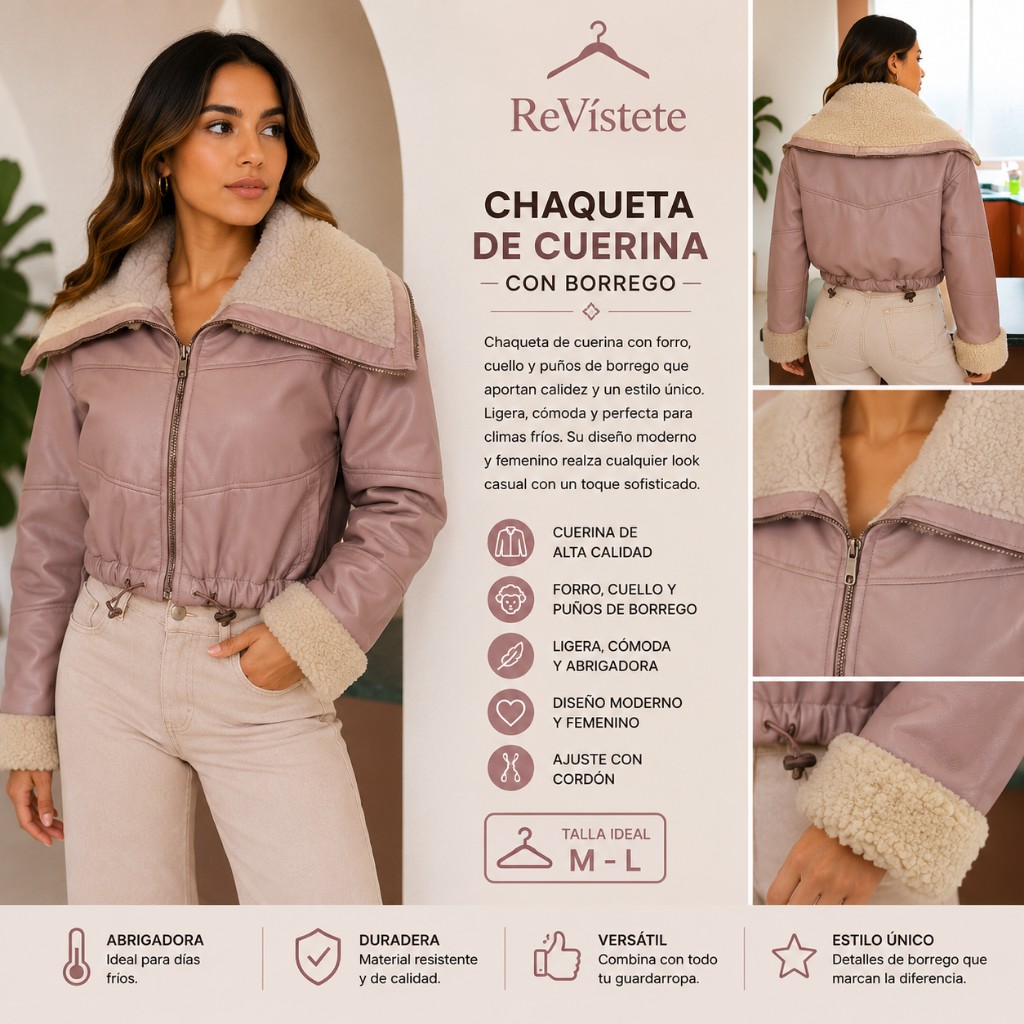 A64. Chaqueta de cuerina con borrego colombiana, Talla ideal para M y L