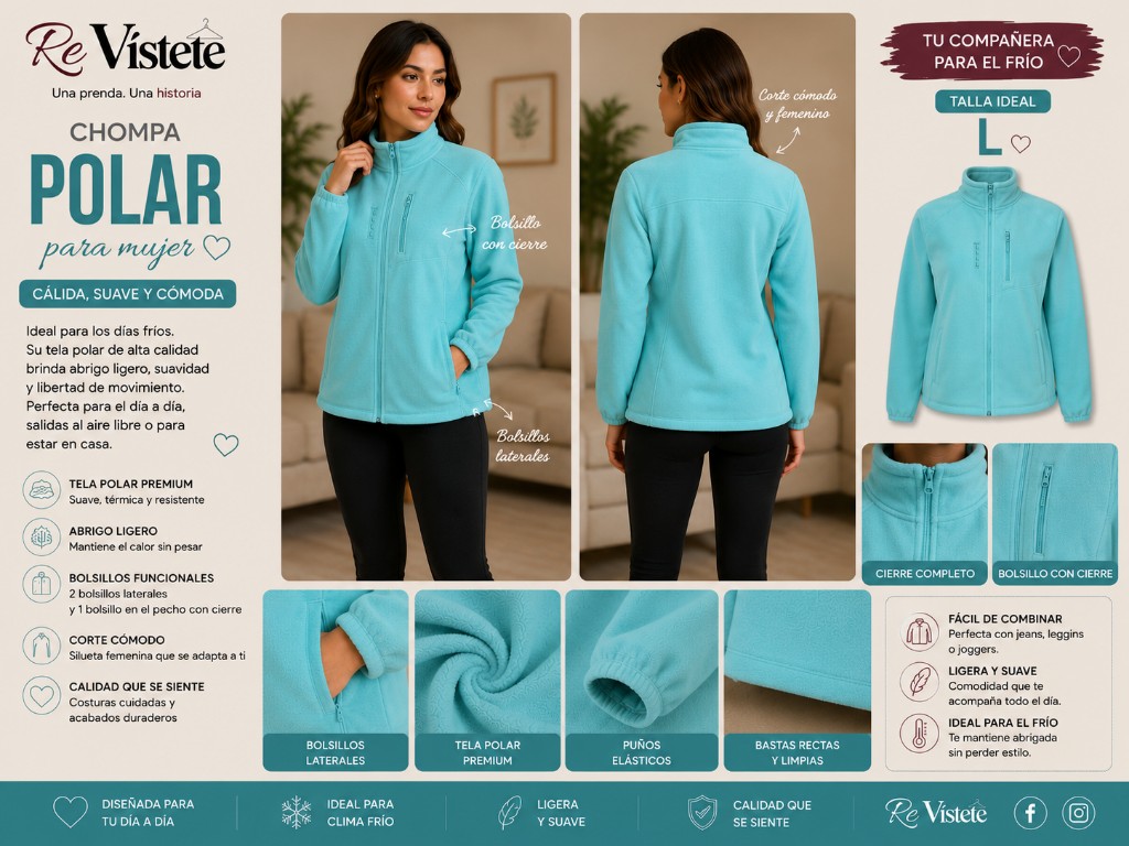 A27. Chompa polar turquesa colombiana, Talla ideal L