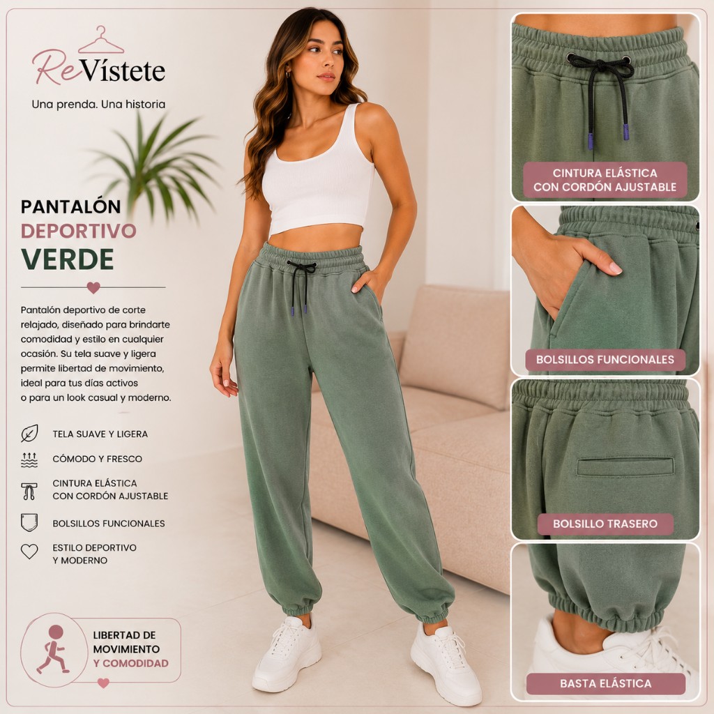 A49. Pantalón deportivo verde colombiano, Talla ideal L y XL