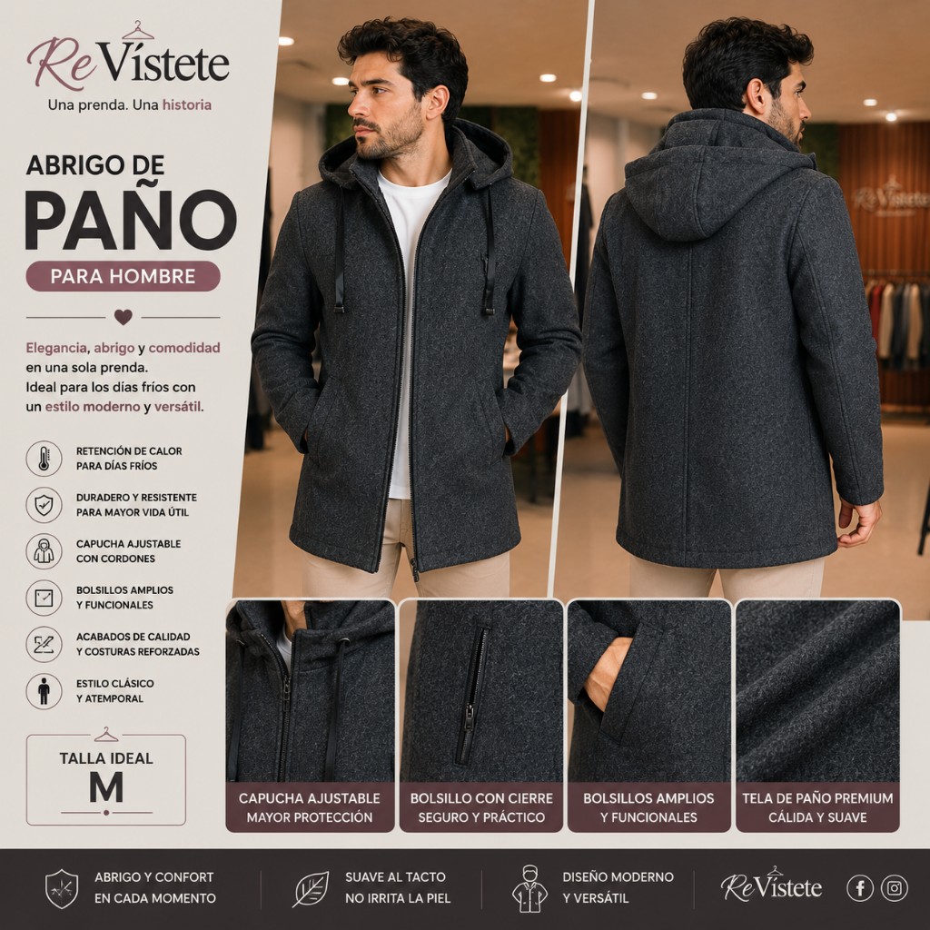 A36. Abrigo gris de paño para caballero americano, Talla ideal M