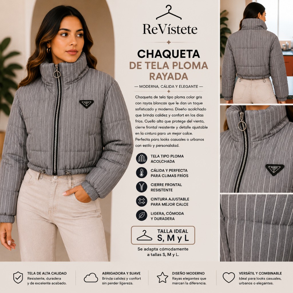 A60. Chaqueta gris rayada colombiana, Talla ideal S, M y L