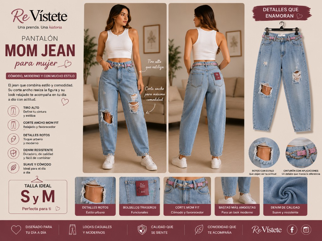 A31. Pantalón jean azul mom fit colombiano, Talla ideal S y M