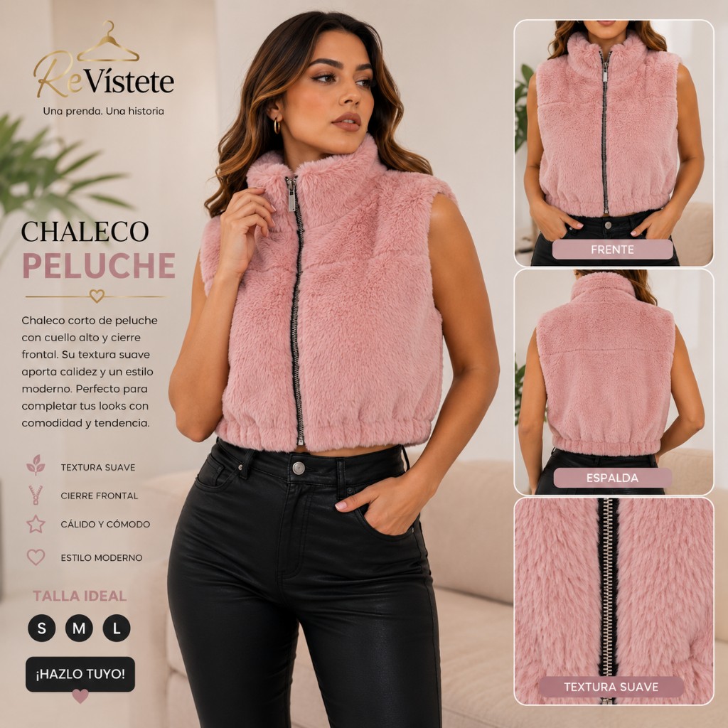 A56. Chaleco peluche rosa colombiano, Talla ideal para S, M y L