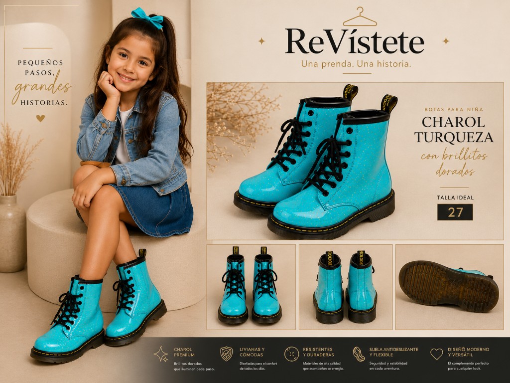 A14. Charol turquesa botas niña colombianas, Talla ideal 27