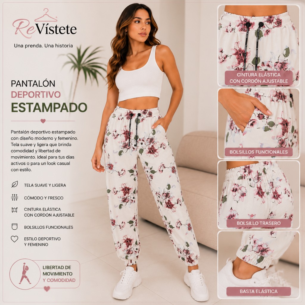 A50. Pantalón deportivo floral colombiano, Talla ideal M y L