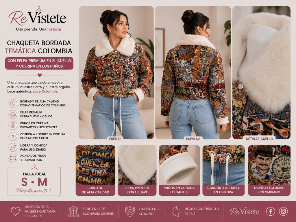 A33. Chaqueta bordada Colombia, Talla Ideal S y M