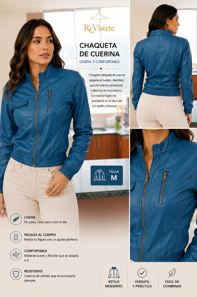 A68. Chaqueta azul petróleo de cuerina colombiana, Talla M