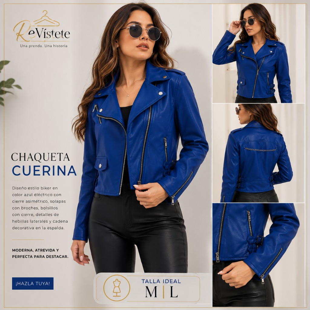 A59. Chaqueta cuerina azul colombiana, Talla ideal para M y L