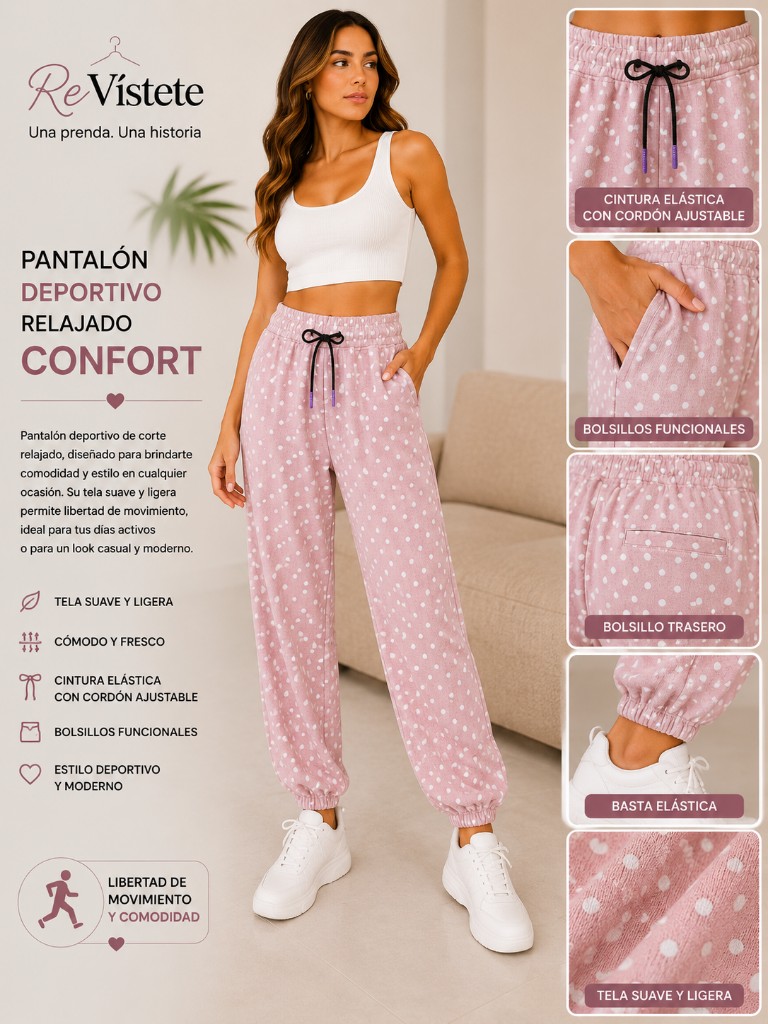 A46. Pantalón deportivo rosa con puntos colombiano, Talla ideal M y L