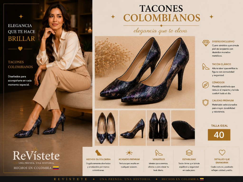 A9. Tacones colombianos de piel de serpiente, Talla ideal 40
