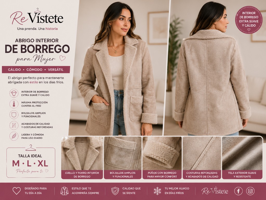 A34. Abrigo beige borrego colombiano, Talla ideal M, L y XL
