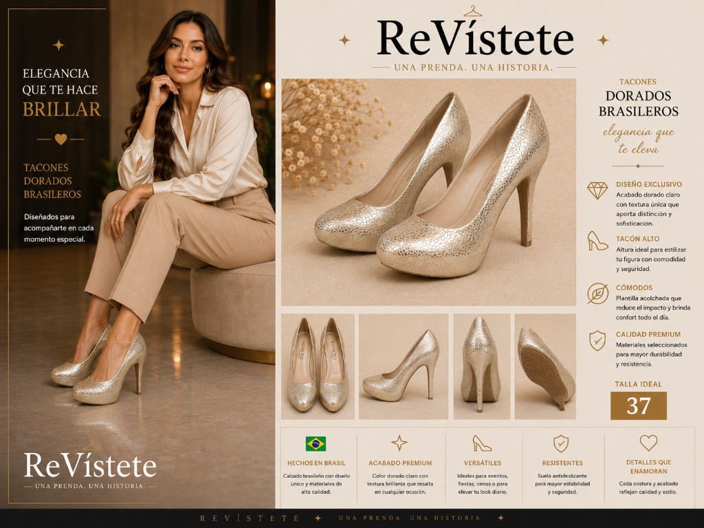 A10. Tacones dorados brasileros, Talla ideal 37