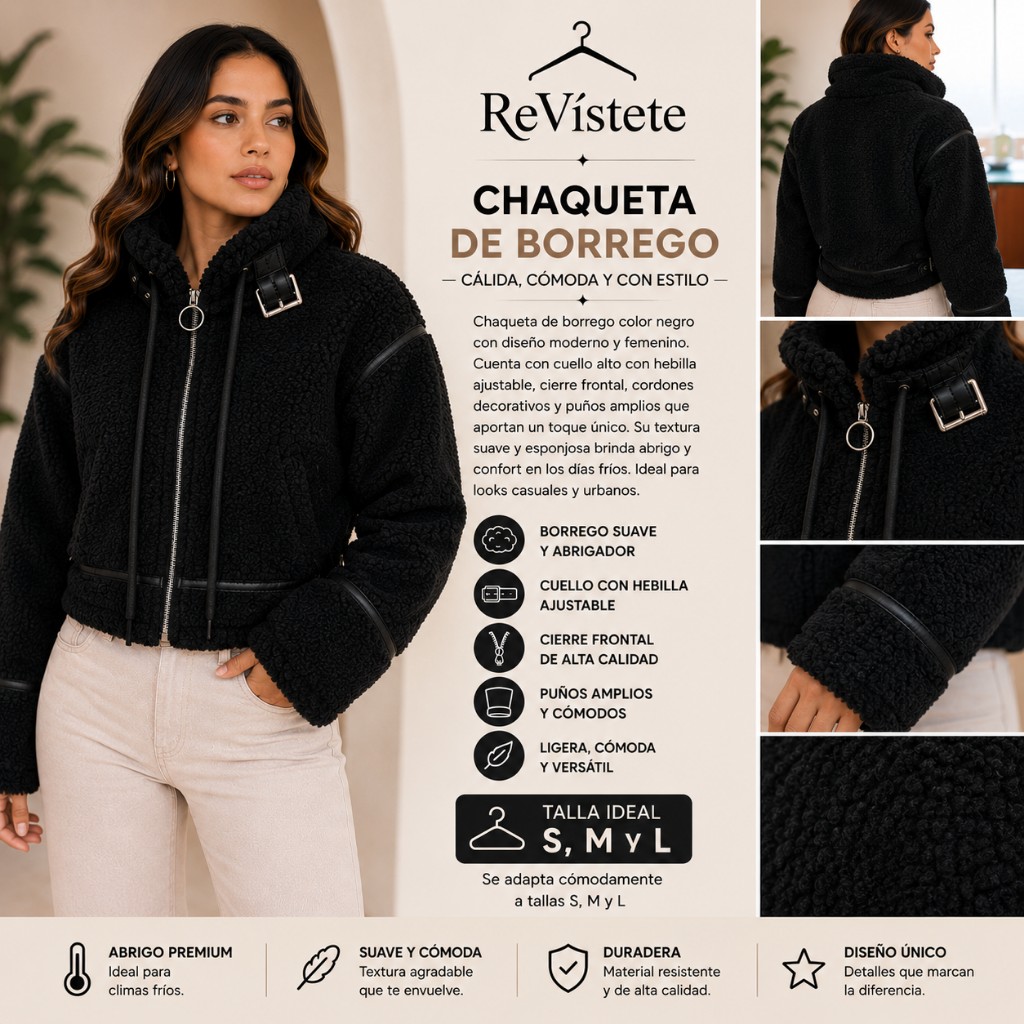 A63. Chaqueta negra de borrego colombiana, Talla ideal S, M y L
