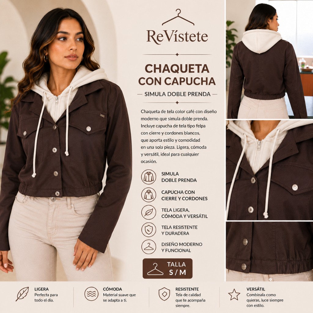 A65. Chaqueta café con capucha colombiana, Talla ideal para S y M