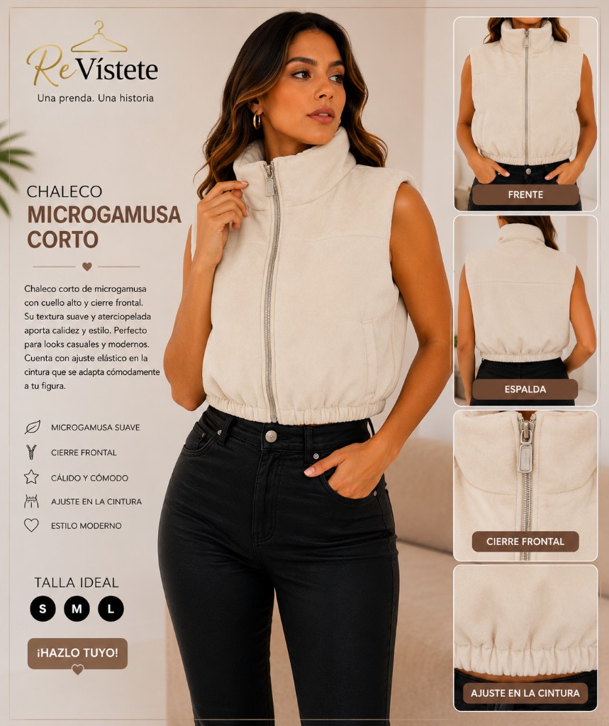 A54. Chaleco microgamusa corto beige colombiano, Talla ideal para S, M y L