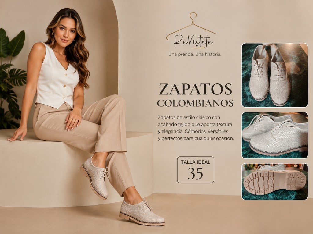 A22. Zapatos beige mocasines colombianos, Talla ideal 35