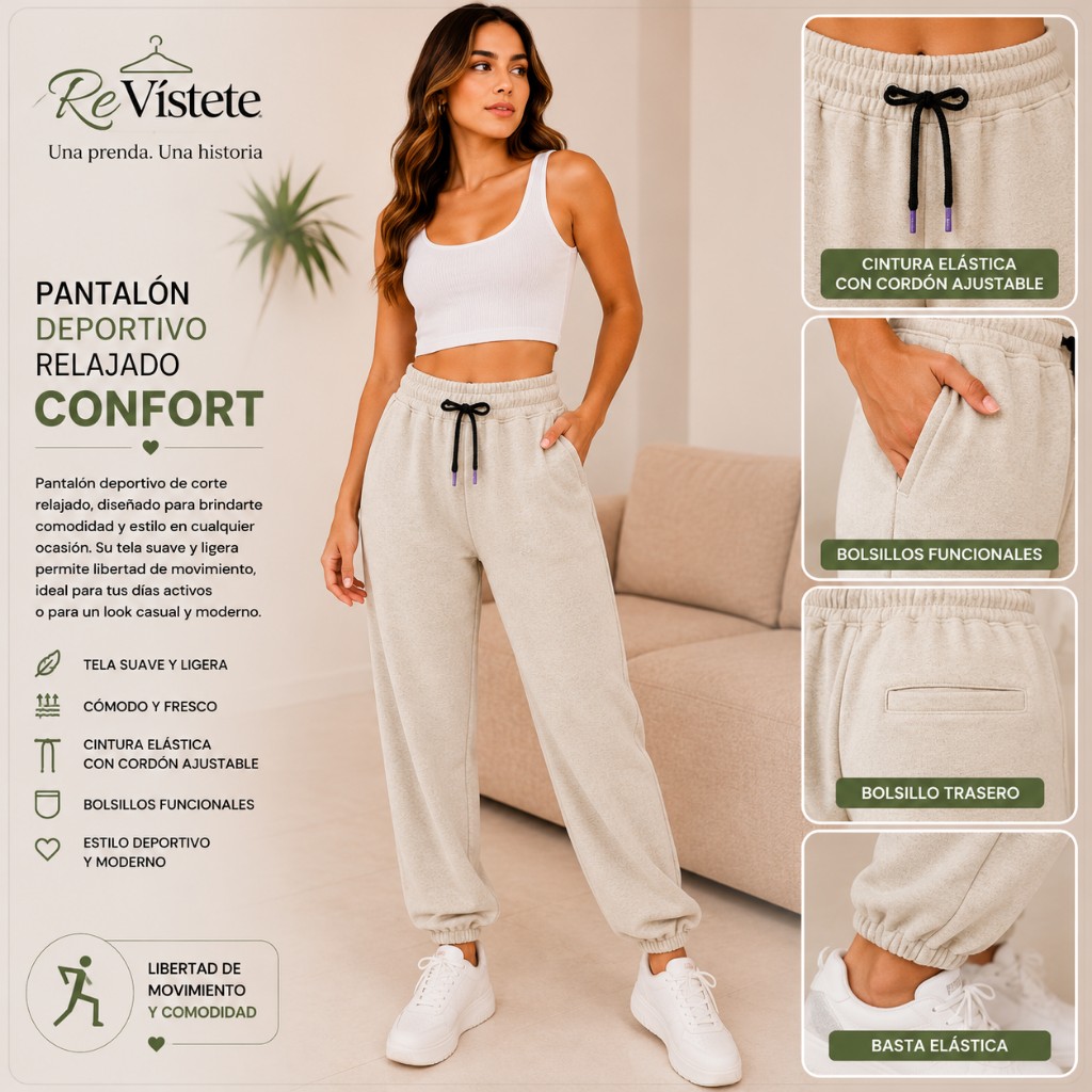 A48. Pantalón deportivo confort beige colombiano, Talla ideal S y M