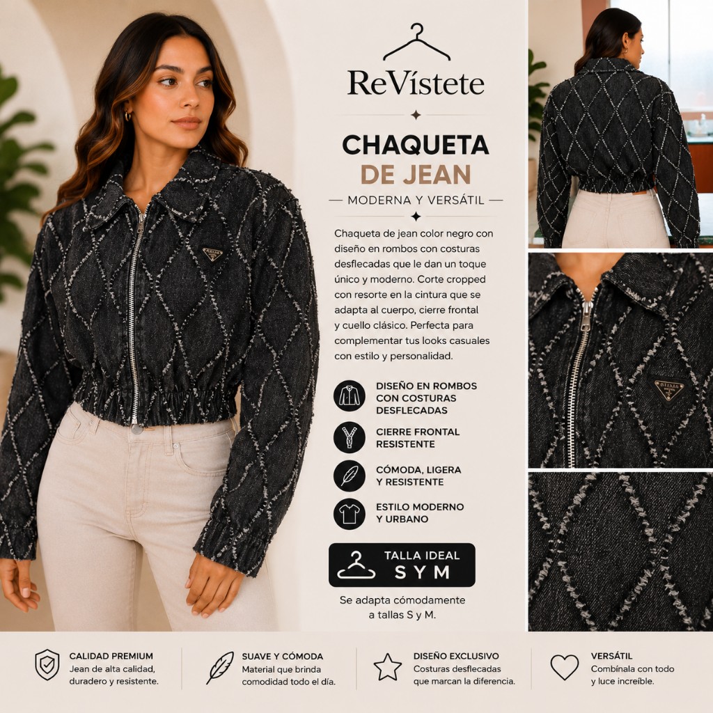 A62. Chaqueta jean negra colombiana, Talla ideal S y M