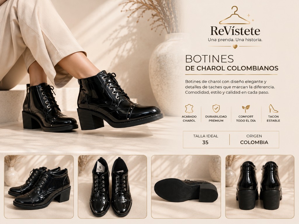 A7. Botinesnegros de charol colombiano, Talla ideal 35