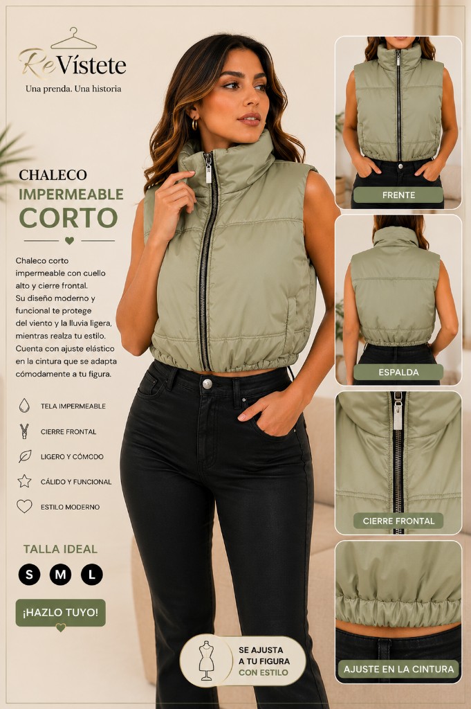 A52. Chaleco impermeable corto verde colombiano, Talla ideal para S, M y L
