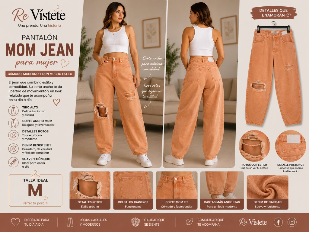 A30. Pantalón mom jean terracota colombiano, Talla ideal M