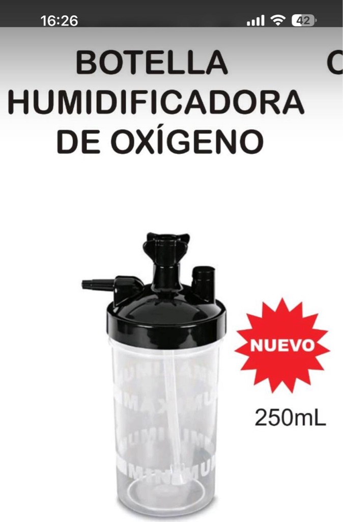 Botella humidificadora de oxígeno negra 250ml
