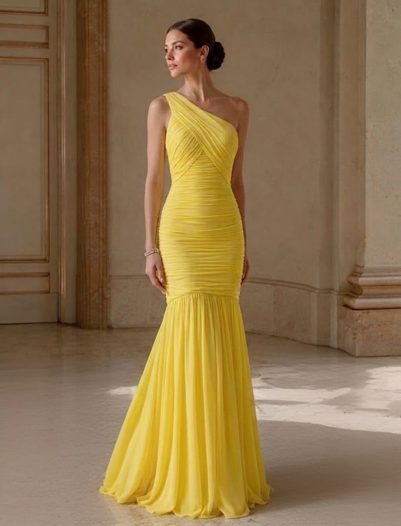ONE SHOULDER MESH DRESS YELLOW