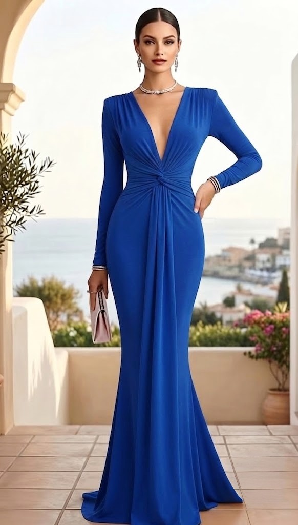 LONG SLEEVE KNOT FRONT MAXI DRESS ROYAL BLUE