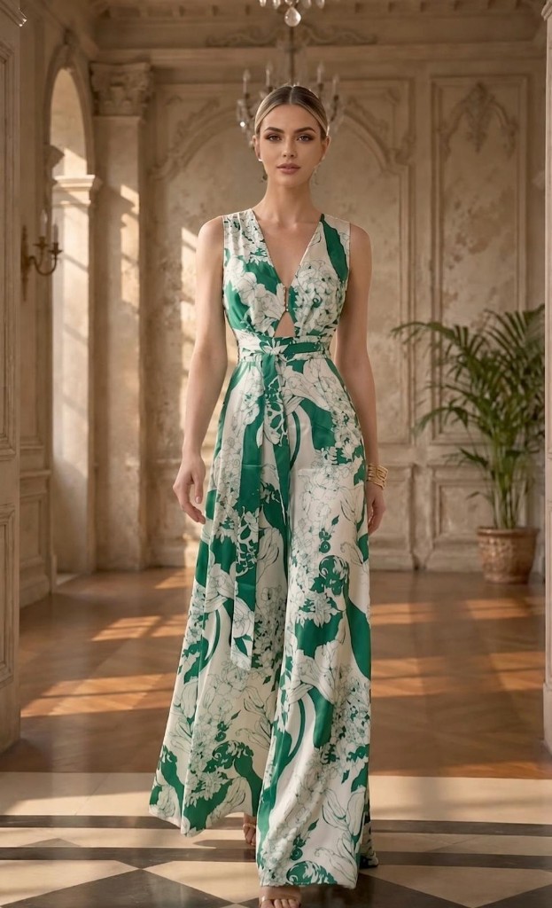 V NECK DETAIL JUMPSUIT GREEN