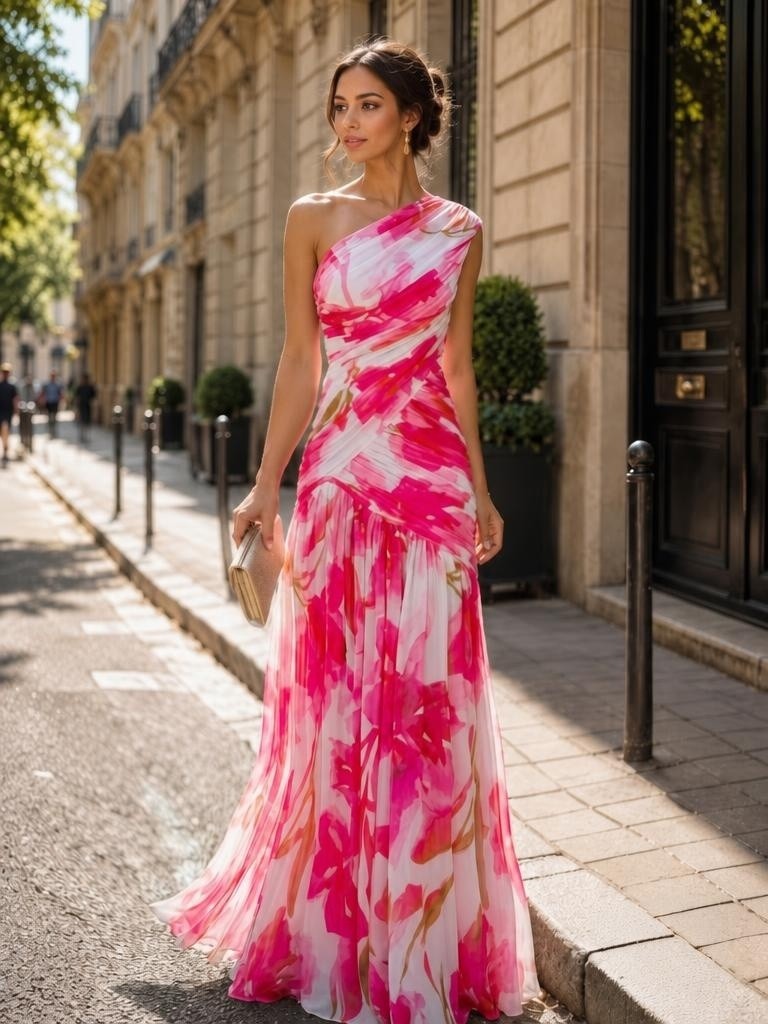 ONE SHOULDER MAXI DRESS FLORAL PINK COMBO