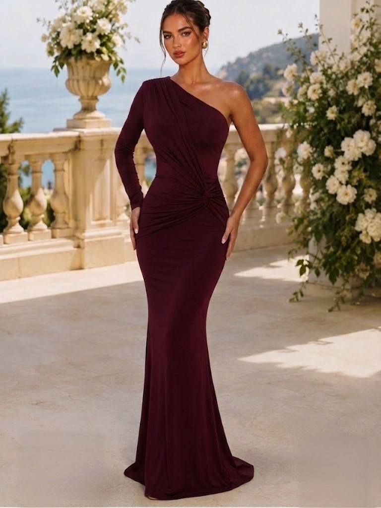ONE SHOULDER ONE SLEEVE MAXI DRESS MARRON