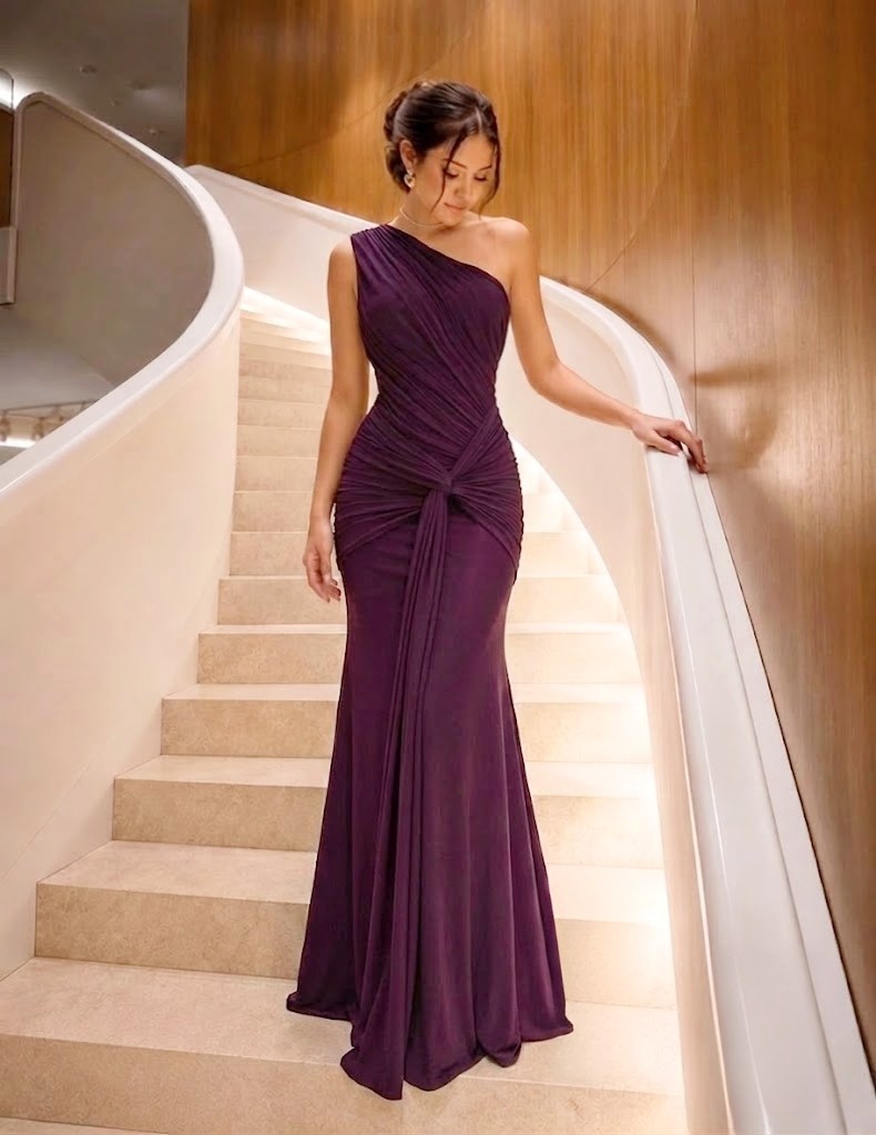 ONE SHOULDER KNOT FRONT MAXI DRESS WINE