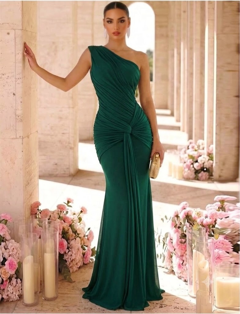ONE SHOULDER KNOT FRONT MAXI DRESS FOREST GREEN