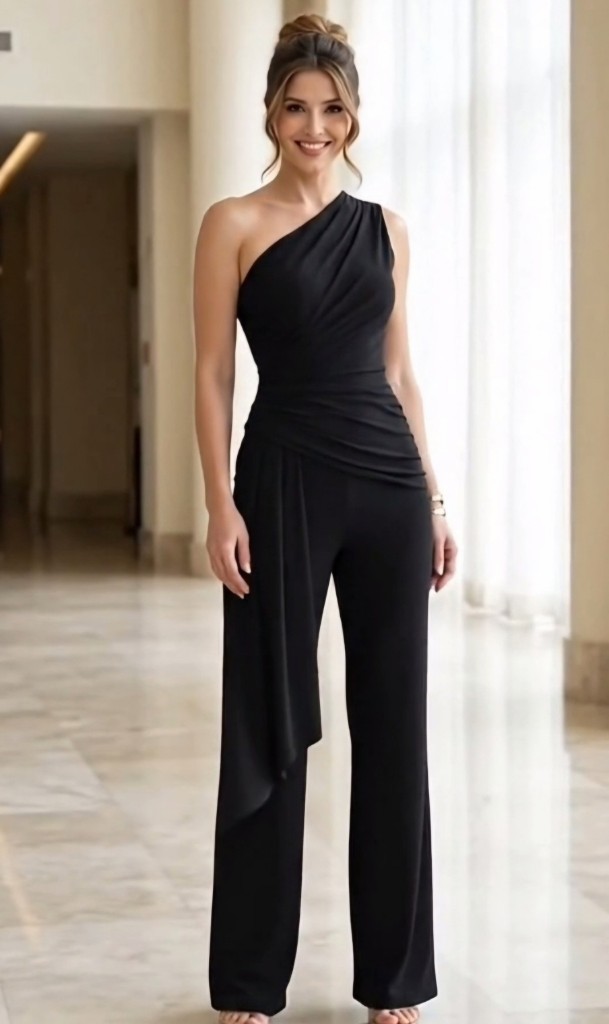 ONE SHOULDER RUCHED JUMPSUIT BLACK