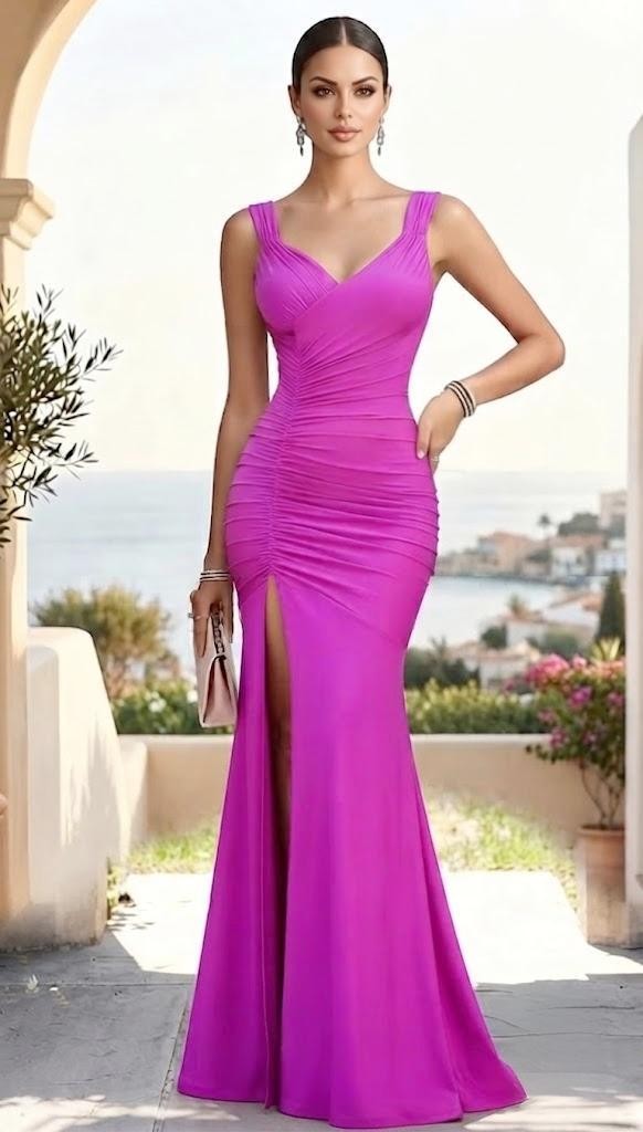 RUCHED MAXI DRESS FUCSIA