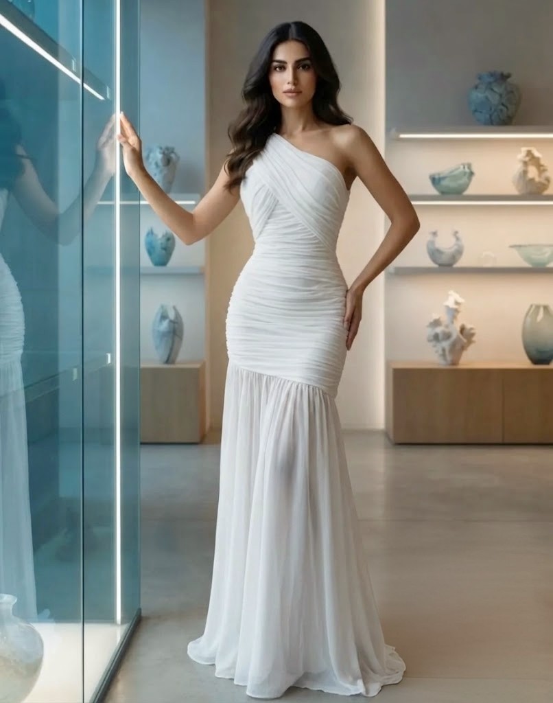 ONE SHOULDER MESH MAXI DRESS WHITE