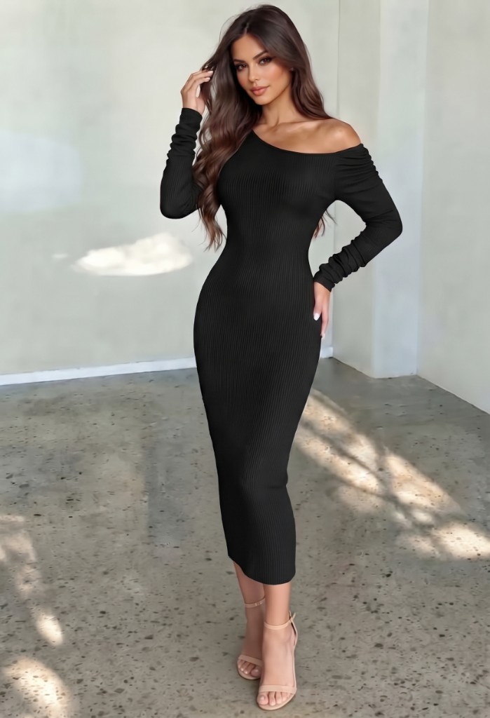 ASYMMETRIC OFF SHOULDER MIDI DRESS
