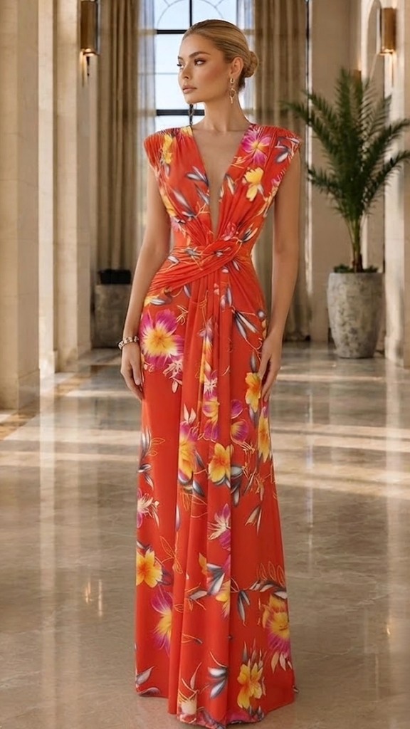 V NECK FLORAL MAXI DRESS