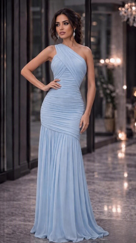 ONE SHOULDER MESH DRESS BABY BLUE